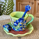 CONJUNTO 4 Xícaras e Pratos de Café de Cerâmica Pintado à Mão em Estilo Clássico Van Gogh