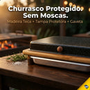 Tábua de Corte para Churrasco em Madeira Teca com Gaveta de Alumínio para Carnes e Petiscos